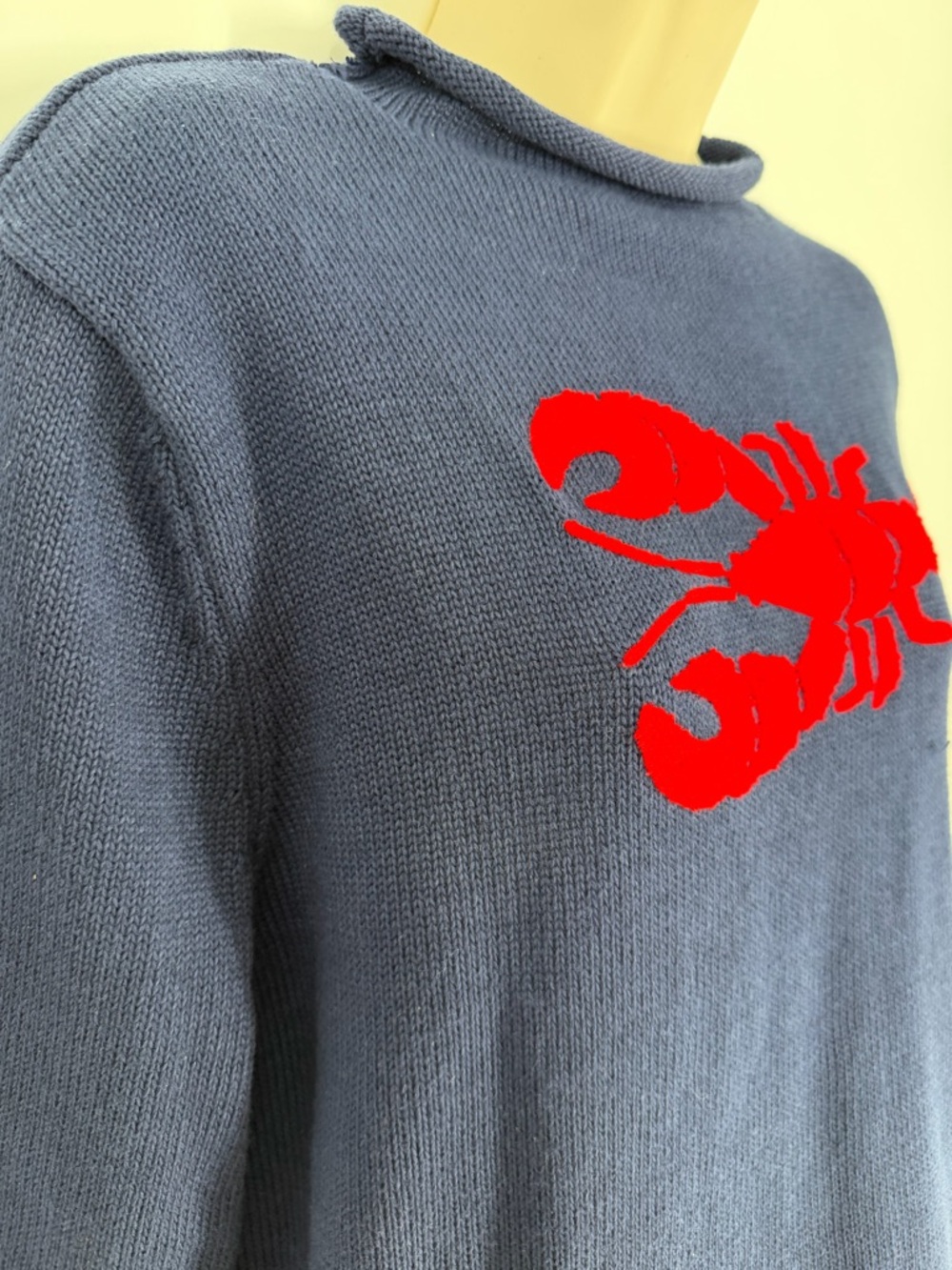 Navy Cotton Roll Neck Sweater Embroidered Red Lobster M/L Coastal Nautical - Picture 4 of 9